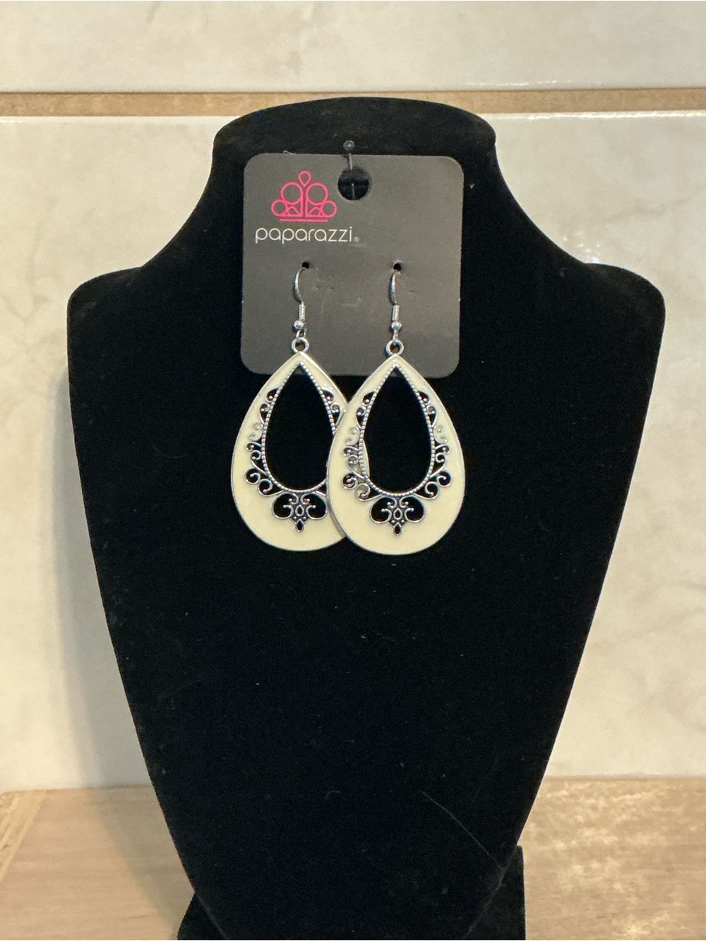 Paparazzi Black and Cream Filigree Teardrop Earrings